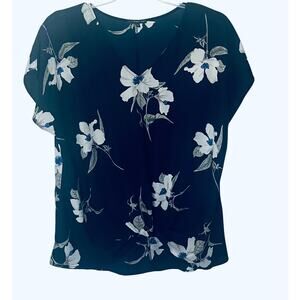 WEST KEI SHORT DOLMAN SLV PULL-OVER V-NECK BLOUSE, WOMENS, XL, NAVY-WHITE FLORAL